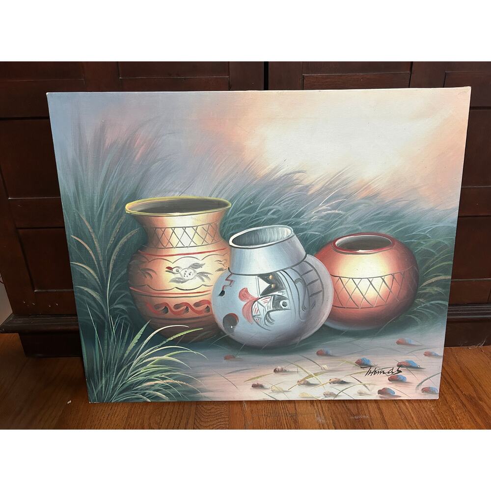 Native American A Vintage Original Oil Painting O/C‎ Pottery Still-Life Signed